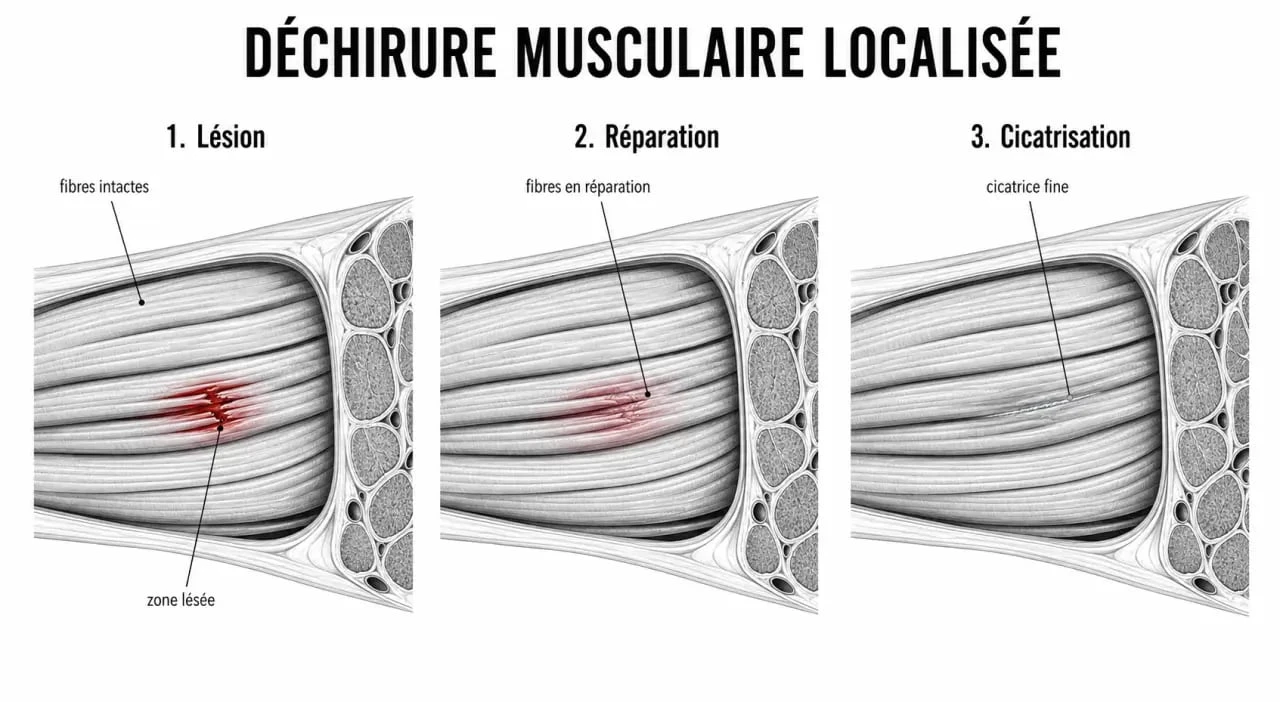 Schéma de dechirer un muscle montrant une lésion des fibres et la cicatrisation