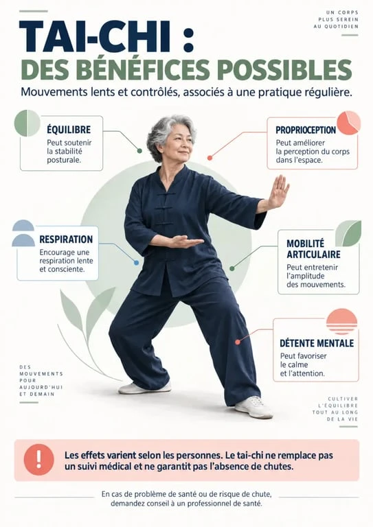Infographie sur les tai chi bienfaits pour l’équilibre, la mobilité et la détente