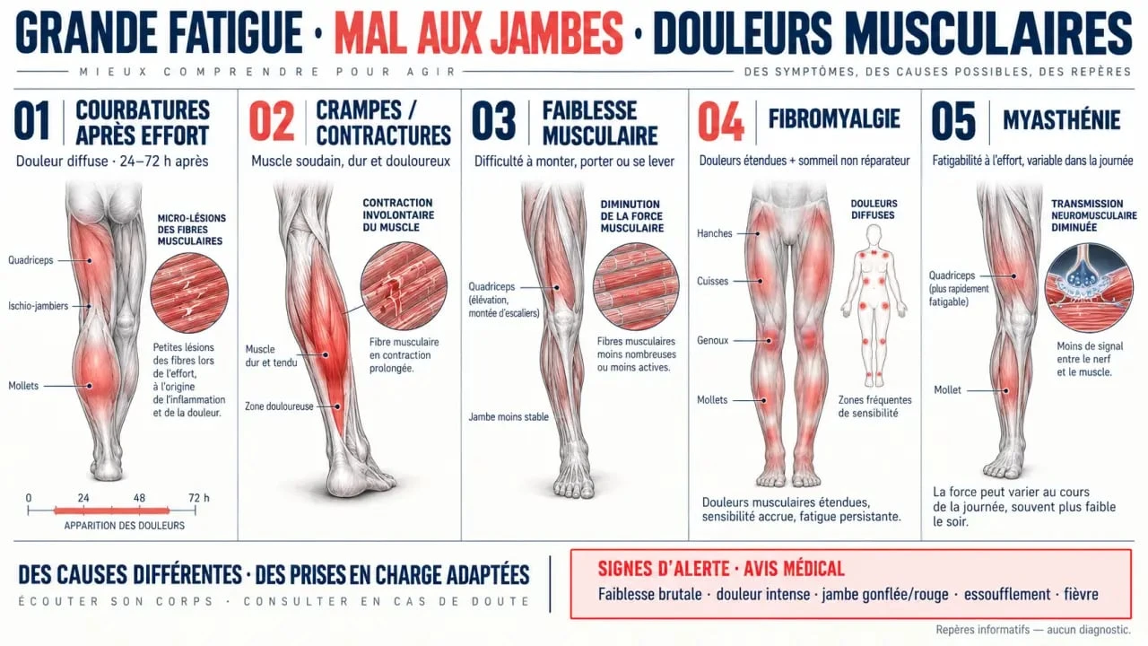 Infographie sur la grande fatigue mal aux jambes muscles et les différences entre courbatures, crampes, faiblesse musculaire et myasthénie
