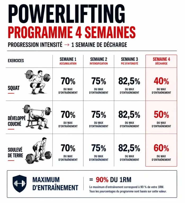 Infographie du programme powerlifting avec cycle de 4 semaines, pourcentages et semaine de décharge