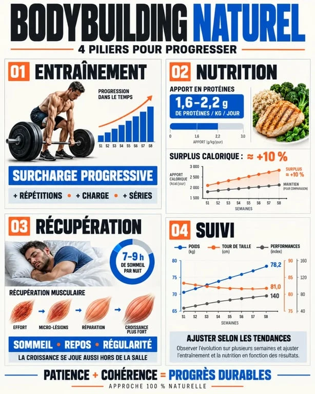 Infographie des piliers du bodybuilding naturelle : entraînement, nutrition, récupération et suivi