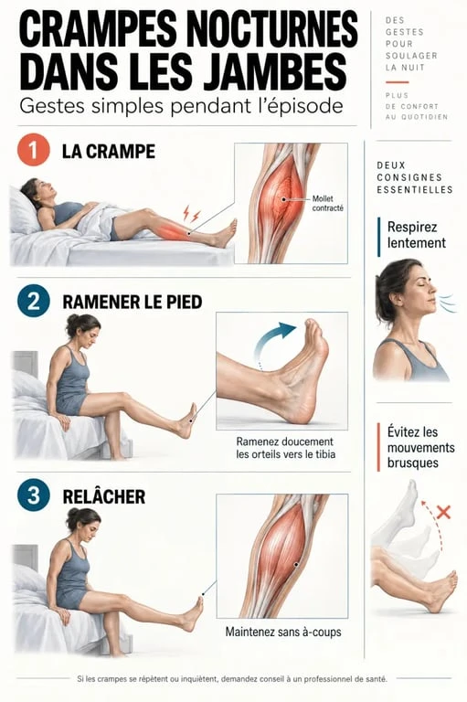 Infographie sur les crampes dans les jambes la nuit et l’étirement doux du mollet