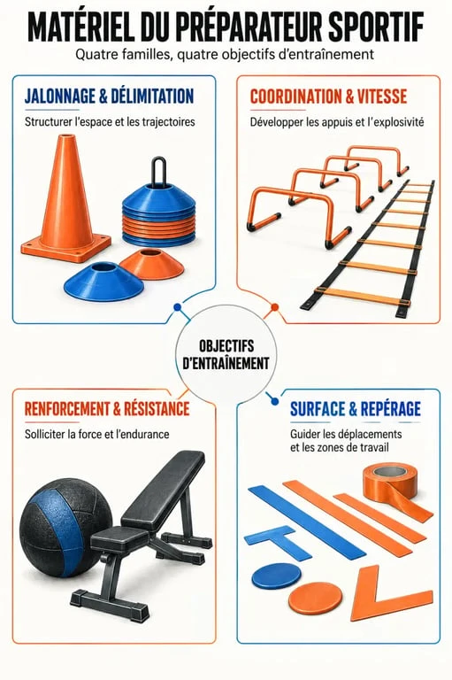 Infographie des familles de matériel préparateur sportif et de leurs objectifs d’entraînement