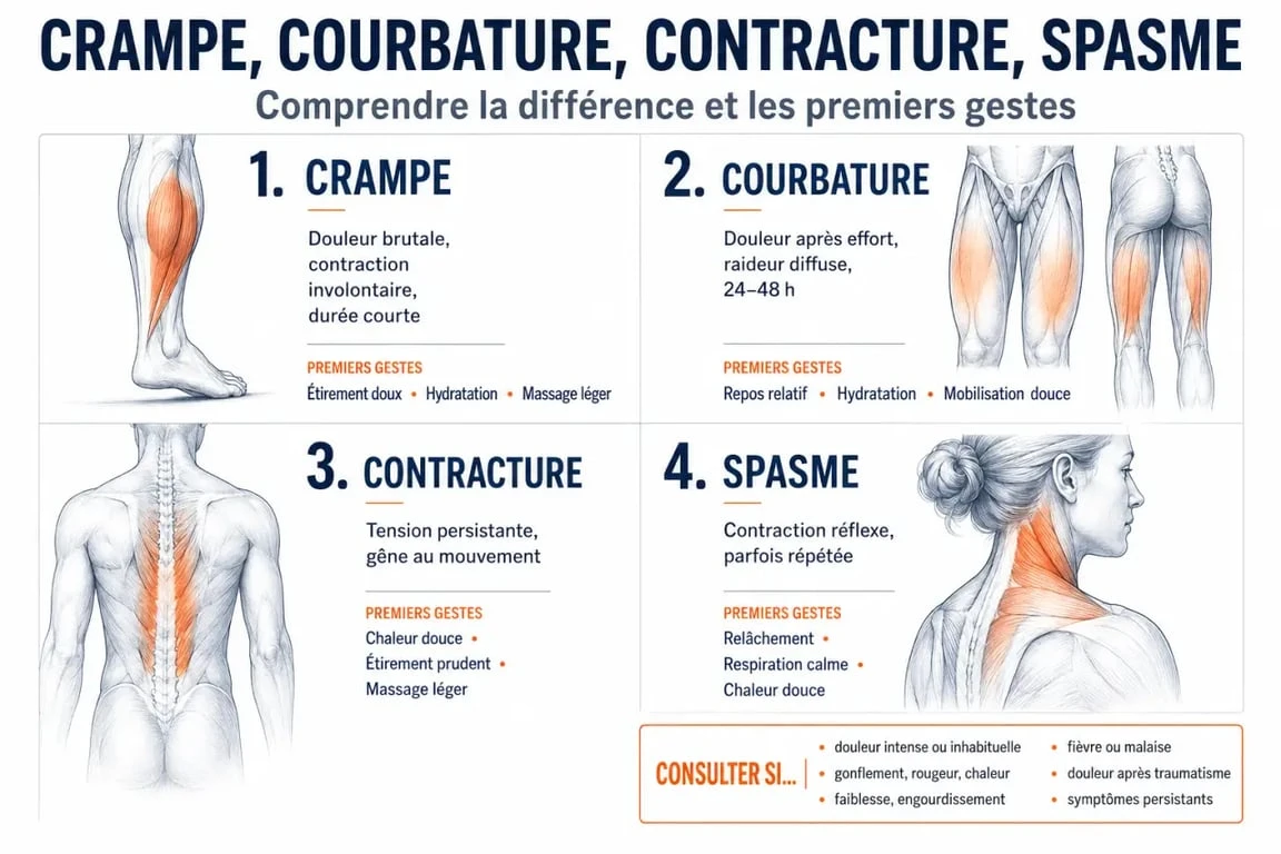 Traitement pour douleurs musculaires : comparaison visuelle des crampes, courbatures, contractures et spasmes