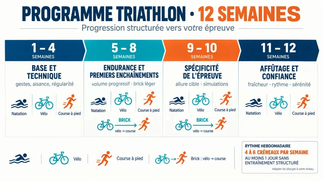 Infographie d’un programme d’entraînement triathlon sur 12 semaines avec natation, vélo, course et affûtage