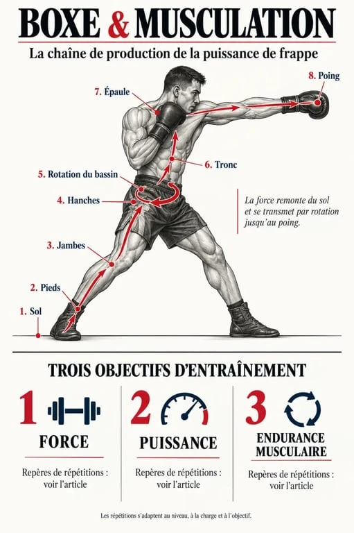 Infographie sur la boxe et la musculation montrant la chaîne de transmission de la puissance et les objectifs de répétitions