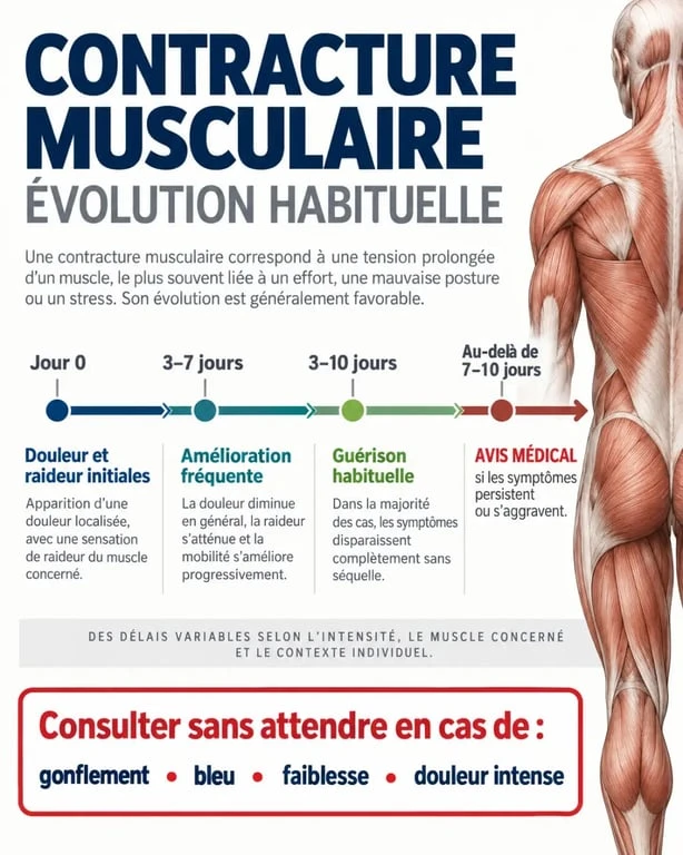 Infographie sur le contracture musculaire temps de guérison et les signes nécessitant une consultation