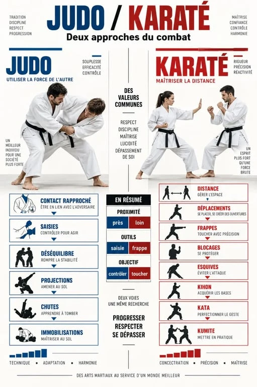 Infographie judo ou karaté comparant contact, projections, frappes et travail au sol