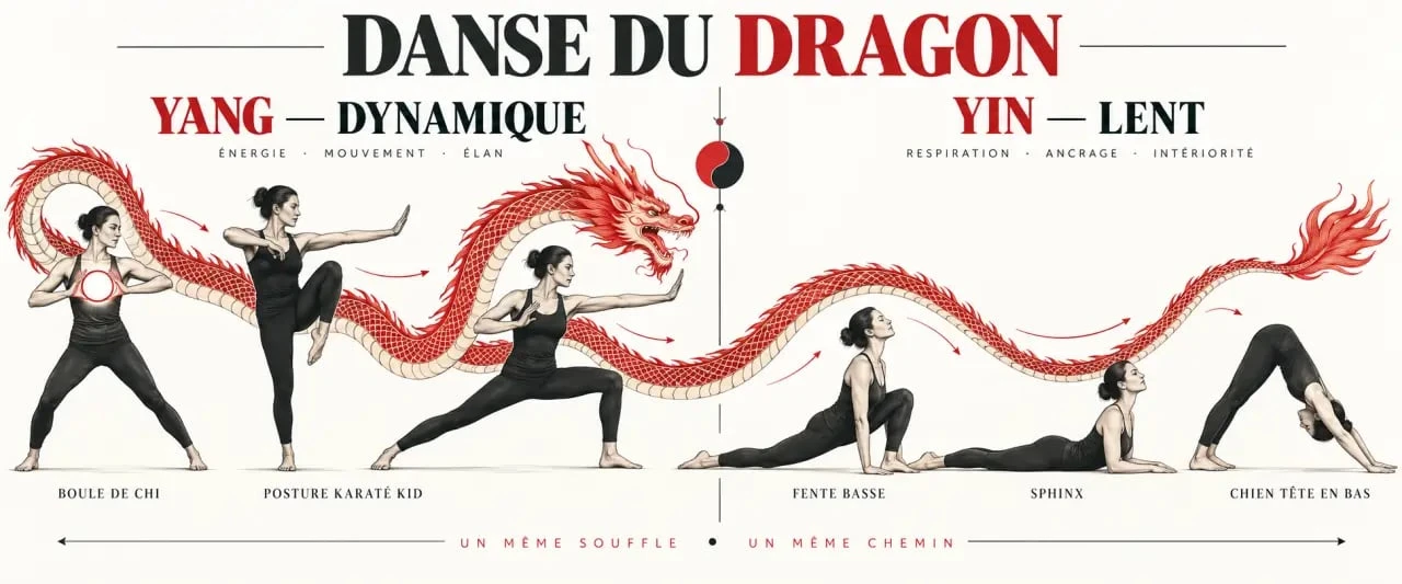 Séquence illustrée de danse du dragon yoga avec phases Yang et Yin et principales postures
