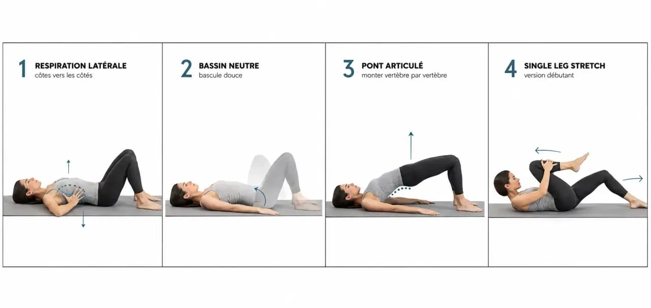 Mouvement pilates : respiration, bassin neutre et pont en séquence débutant