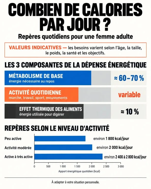Infographie sur le nombre de calories par jour pour une femme selon le niveau d’activité