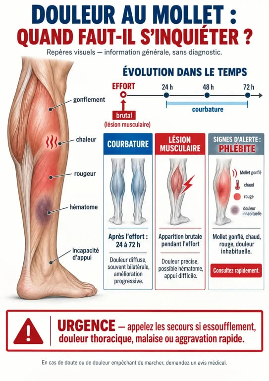 Infographie sur une courbature au mollet impossible de marcher et les signes d'alerte d'une phlébite