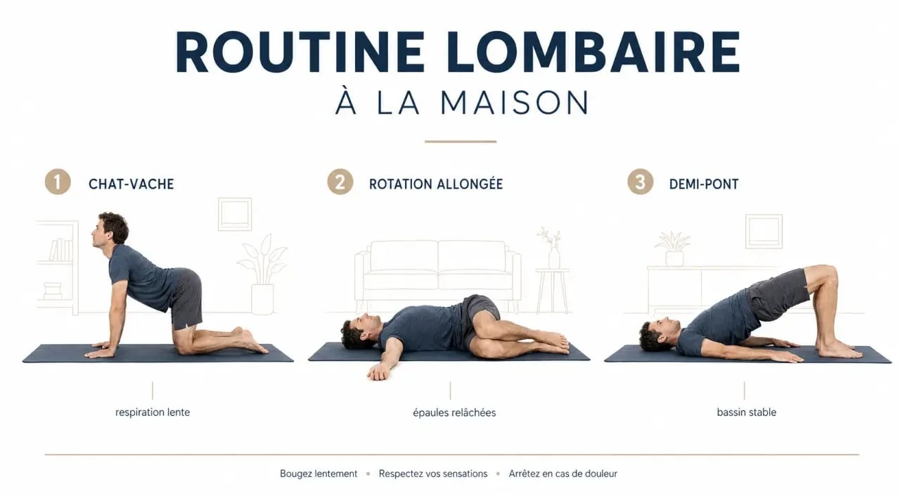 Exercices lombaires douleurs : routine douce à la maison pour soulager le bas du dos