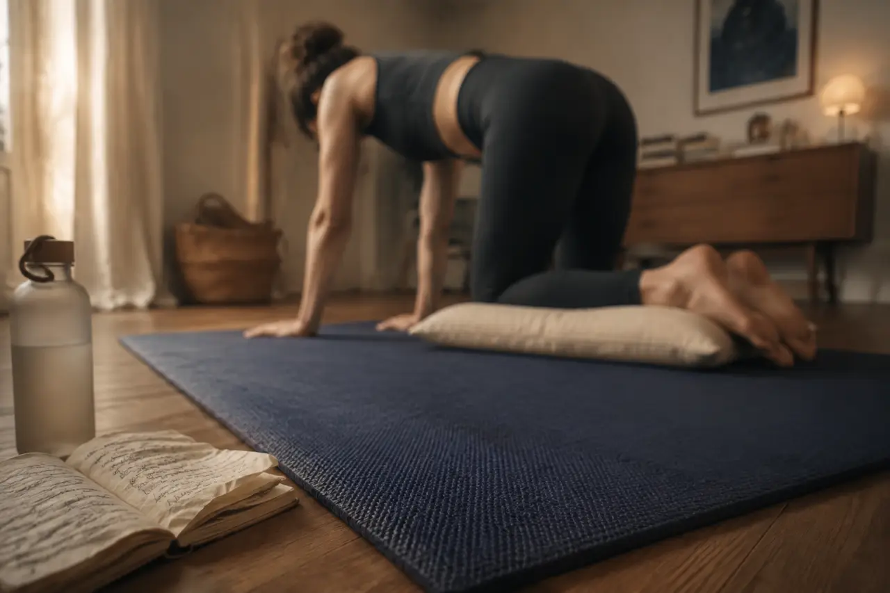 Exercices lombaires douleurs : chat-vache, genoux sur tapis de yoga