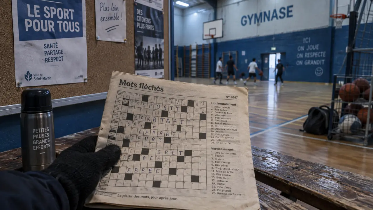 Gymnase, lieu d entrainement pour sportif en herbe, mots fléchés sur un banc