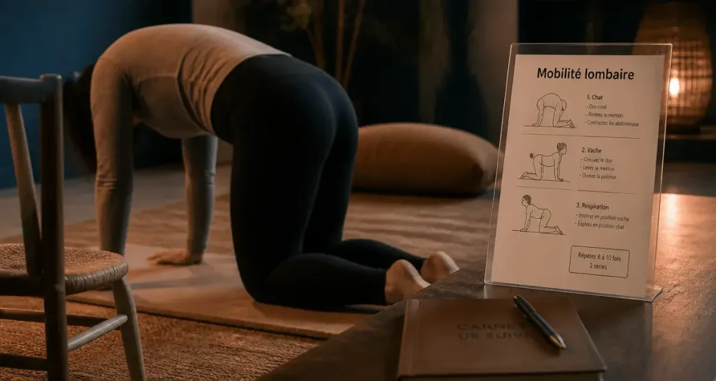Mouvements pour mal de dos : mobilité lombaire, exercice chat-vache sur tapis