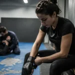 Sport de combat femme : jiu-jitsu en salle, gants et tatami