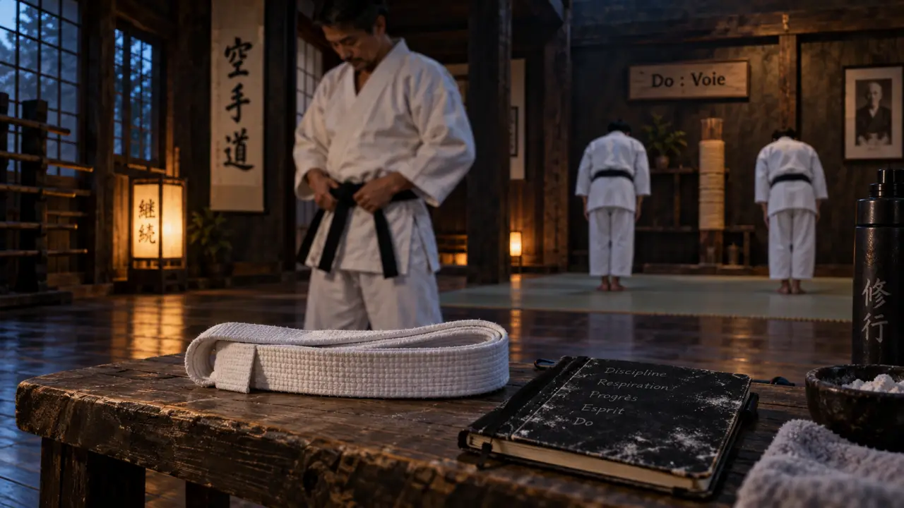 Arts martiaux au Japon : dojo avec sensei et obi