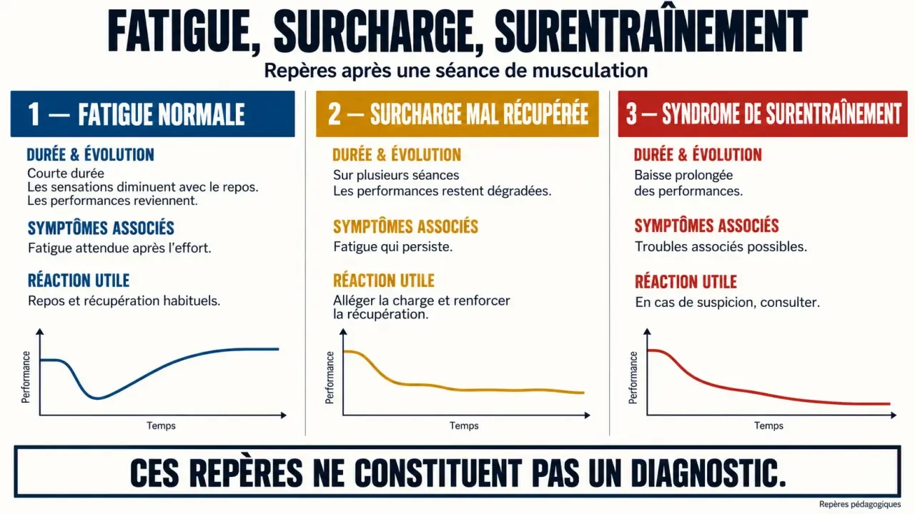 Infographie sur le surentrainement musculation et la différence entre fatigue normale, surcharge mal récupérée et syndrome de surentraînement