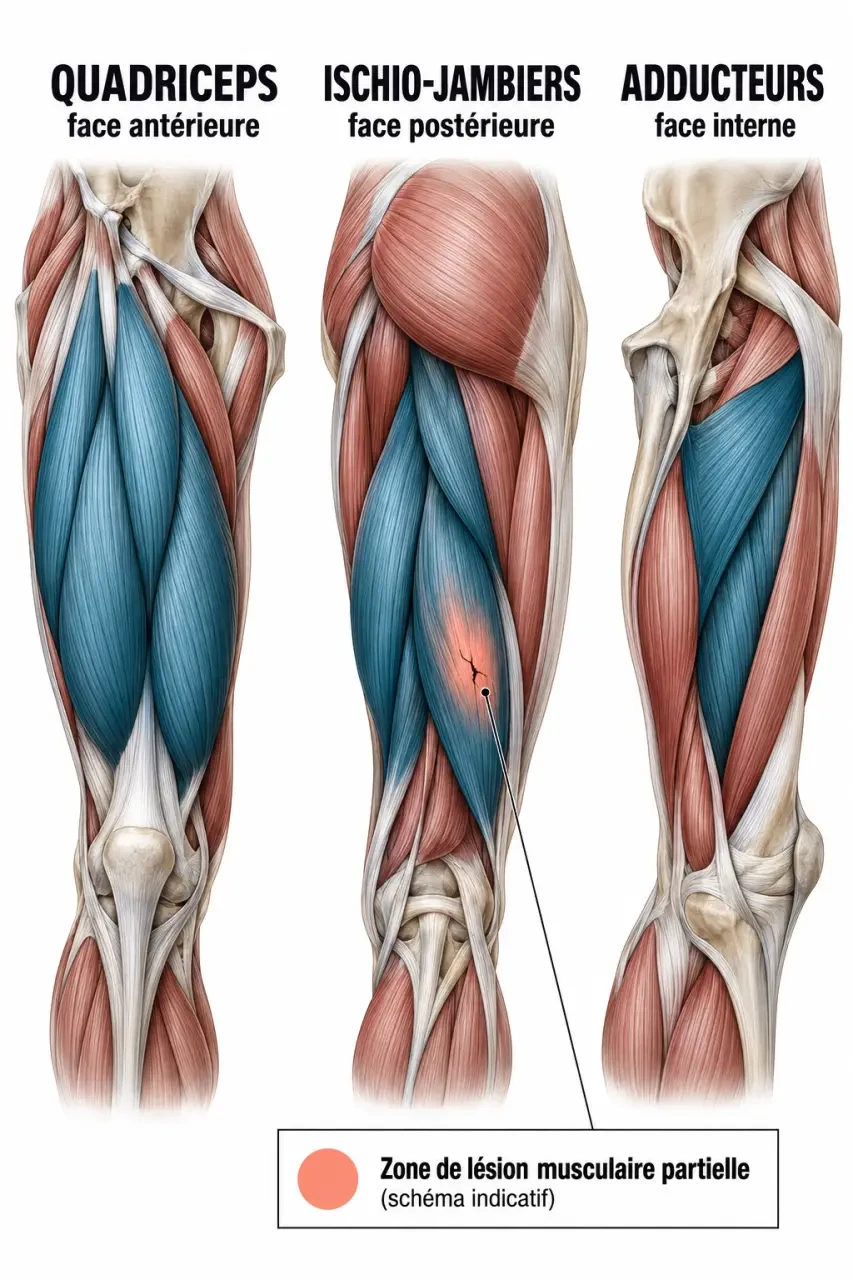 Schéma des symptômes d'une déchirure musculaire de la cuisse et des principaux muscles concernés