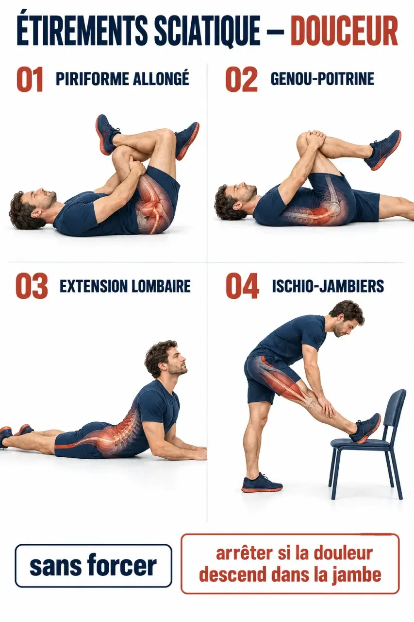 Séquence illustrée d’étirements sciatique avec piriforme, genou-poitrine, extension lombaire et ischio-jambiers