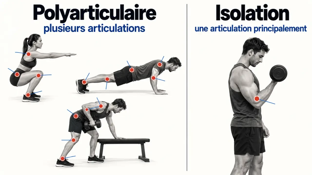 Infographie des exos polyarticulaires et de la différence avec les exercices d’isolation
