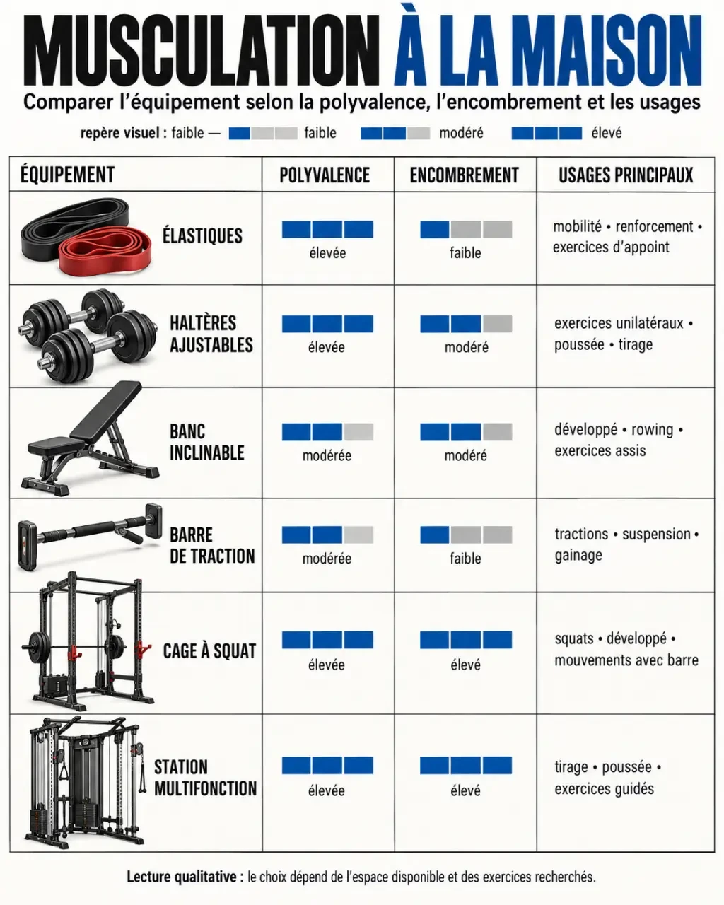 Infographie comparative du matériel de musculation maison selon les usages et l’encombrement