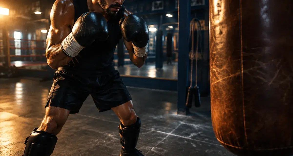 Entrainement boxe anglaise : boxeur au sac de frappe en club
