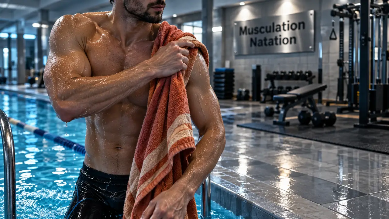 Musculation en natation : nageur sort de l’eau, tapis et haltères pour entraînement