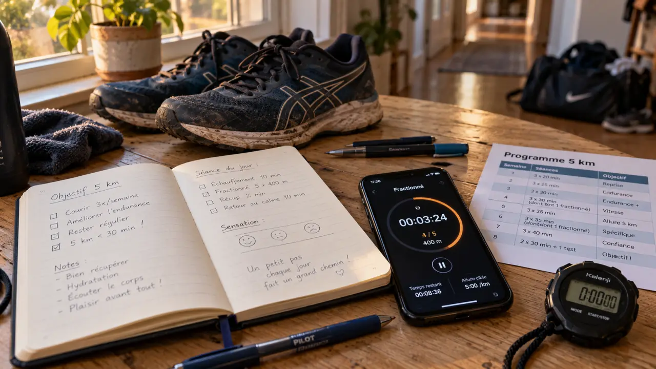 Programme entraînement 5 km débutant pdf : planning 6 semaines sur table avec minuteur